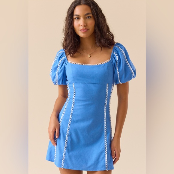 Altar'd State Dresses & Skirts - Altar'd State Blue Puff Sleeve Mini Dress with White Trim